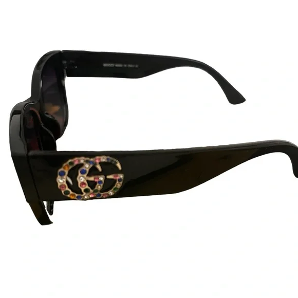 Black Semi Cat Eye Sunglasses with Purple Lenses - Rhinestones & Gold Emblems - Picture 1 of 10
